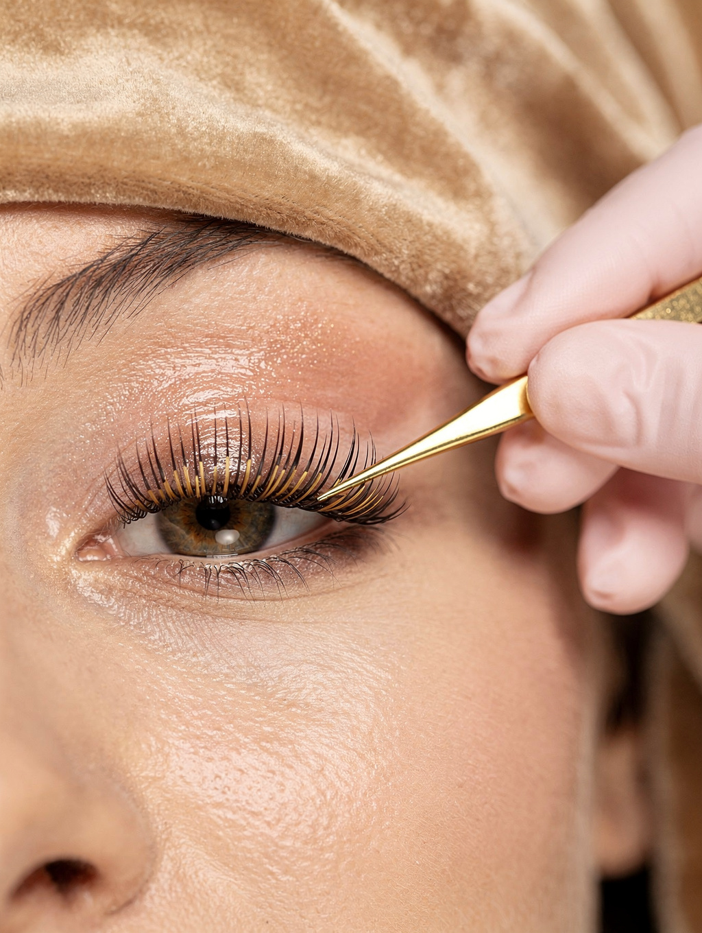 Close-up of precise eyebrow mapping and eyelash extension application on a dark-skinned Black Nigerian student