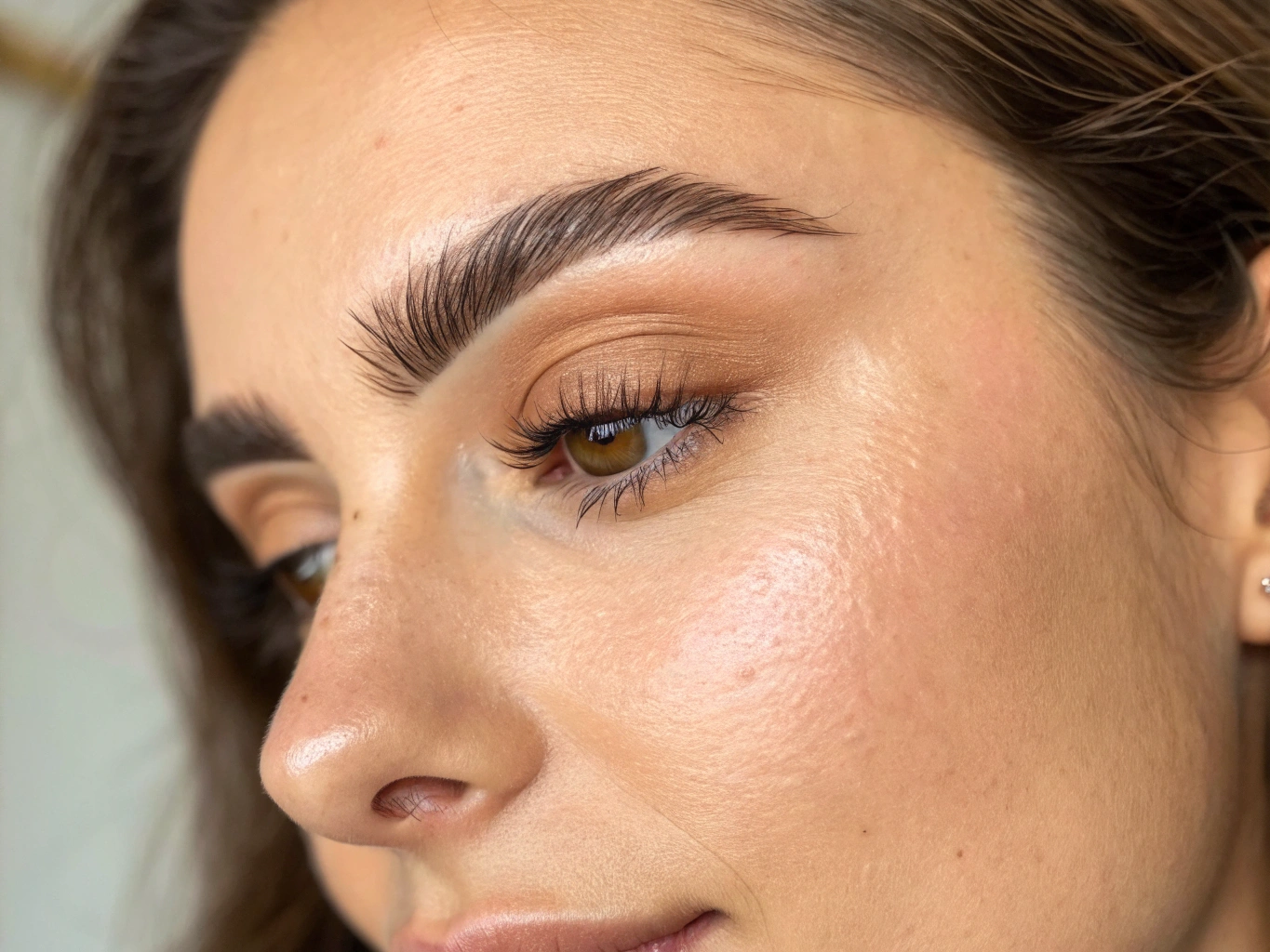 Detailed close-up of precision ombré powder brow shading on a dark-skinned Black Nigerian student's face