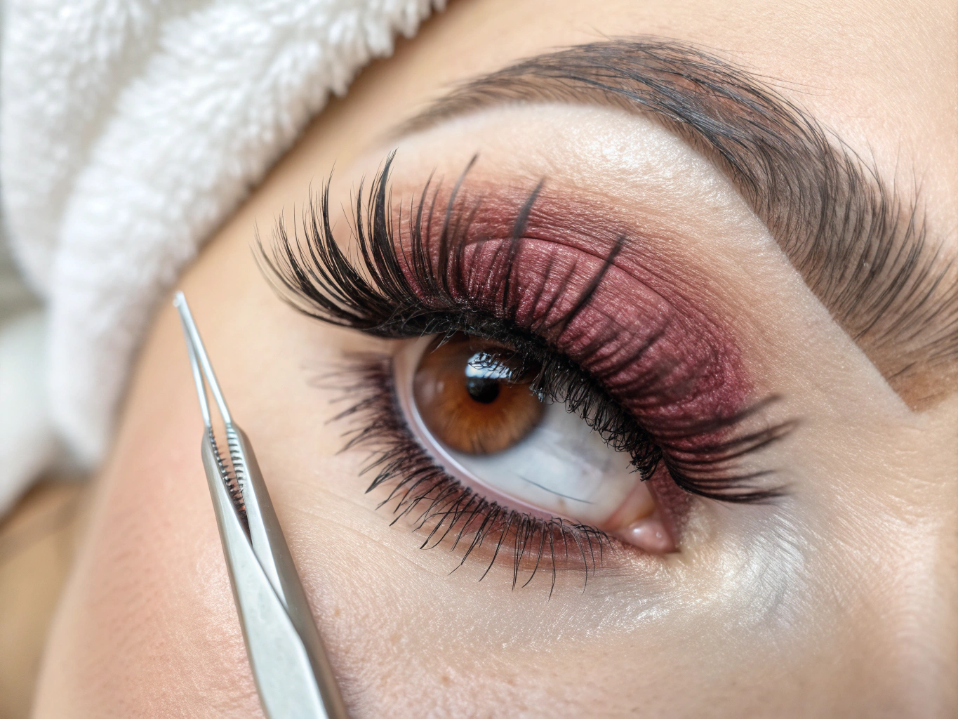 Macro close-up of a full wispy hybrid eyelash set on a dark-skinned Black Nigerian student's eye