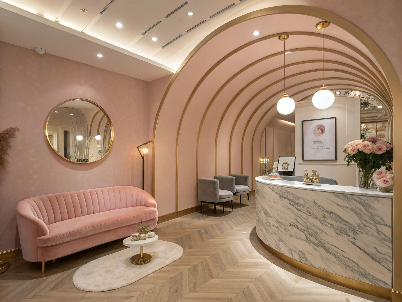 Unbunlicious luxury Lagos beauty academy studio interior with marble surfaces and blush gold decor
